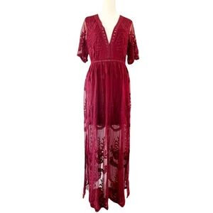 Eleter Sheer Lace Boho Deep V Maxi Dress Maroon Red Women's Size Small
NWT